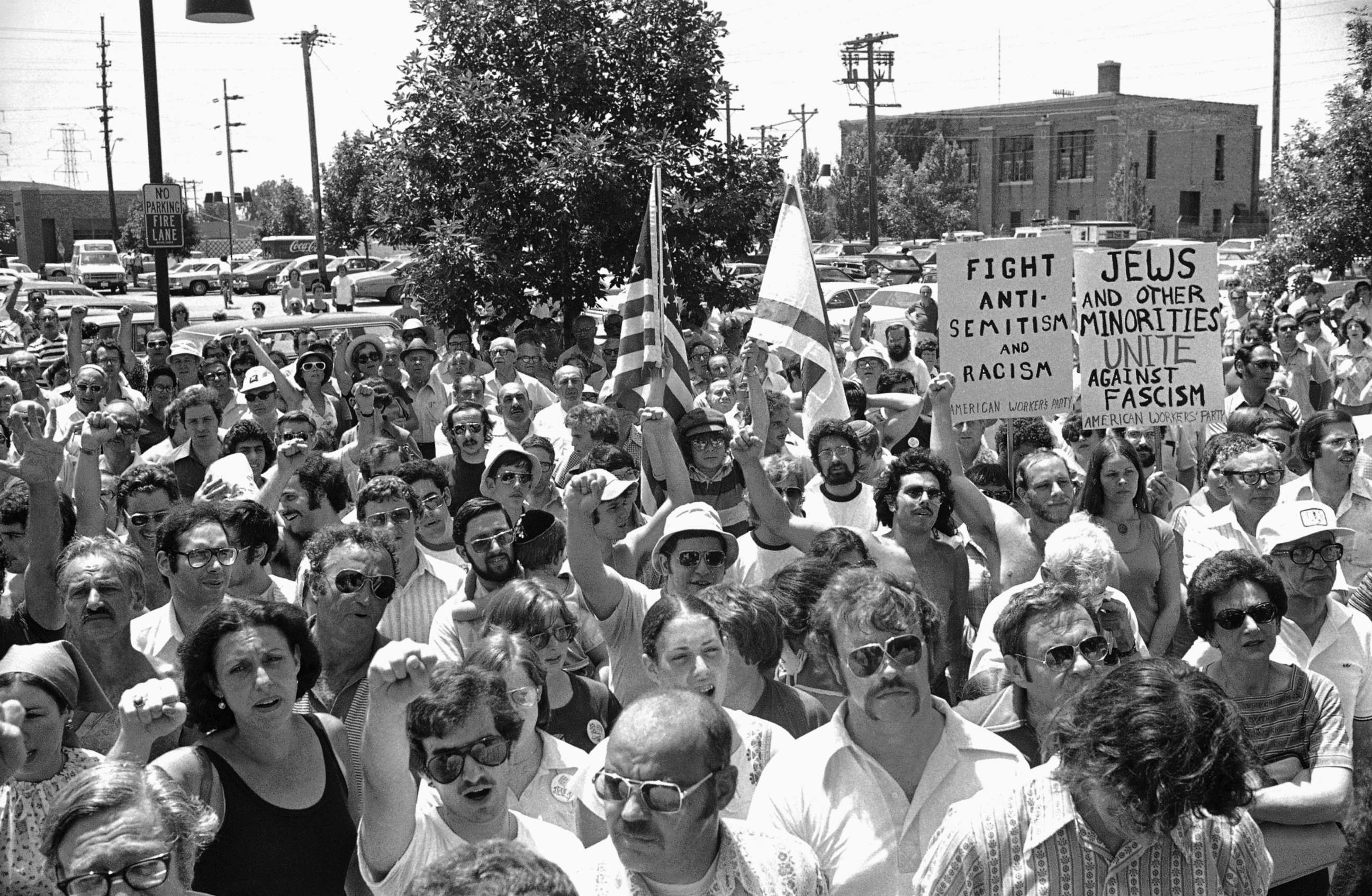 PHOTO: A large group of anti-Nazi demonstrators chant at a park in the predominantly Jewish Chicago suburb of Skokie, Illinois, July 4, 1977, protesting a possible future march in Skokie by Nazis.