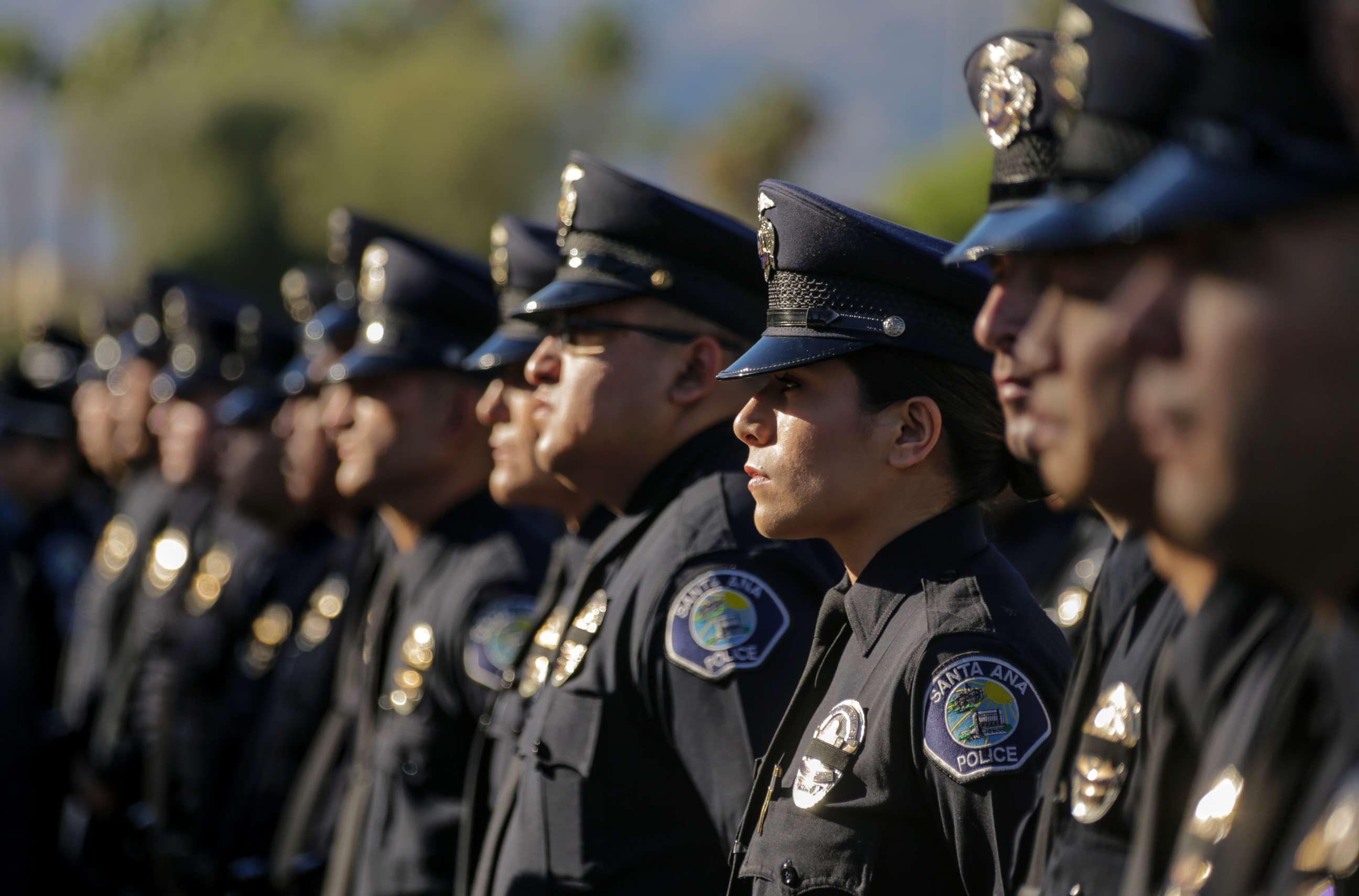 PHOTO: Santa Ana police officers lined-up to get in for memorial services for Palm Springs police fallen Officers Lesley Zerebny and Jose "Gil" Vega takes place, Oct. 18, 2016, at Convention Center in Palm Springs.