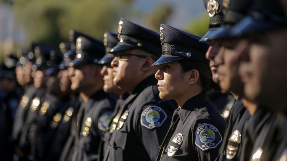 PHOTO: Santa Ana police officers lined-up to get in for memorial services for Palm Springs police fallen Officers Lesley Zerebny and Jose "Gil" Vega takes place, Oct. 18, 2016, at Convention Center in Palm Springs.