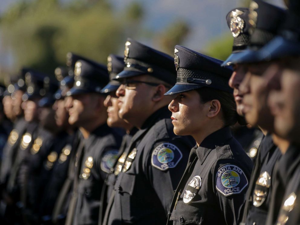PHOTO: Santa Ana police officers lined-up to get in for memorial services for Palm Springs police fallen Officers Lesley Zerebny and Jose Gil Vega takes place, Oct. 18, 2016, at Convention Center in Palm Springs.