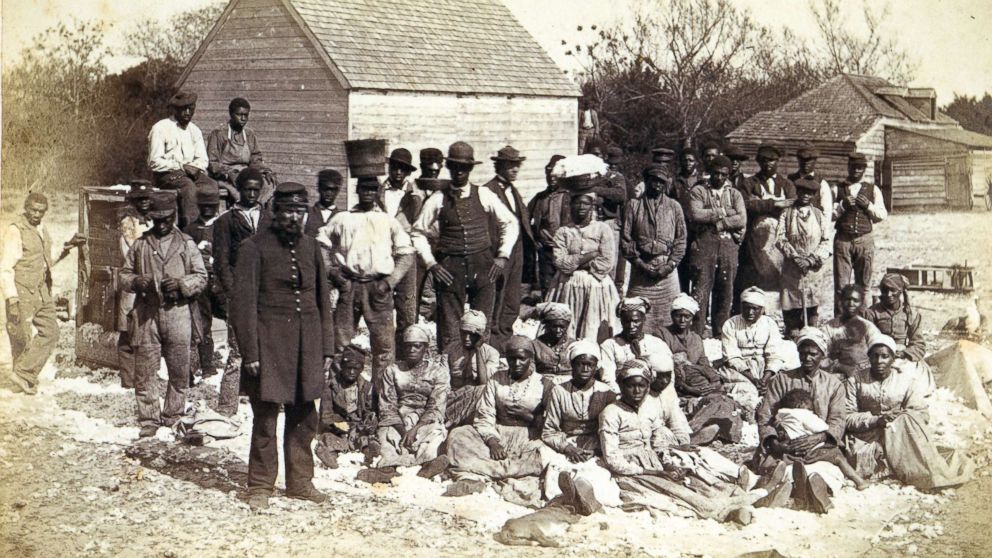 PHOTO: Slaves of Thomas F Drayton of Magnolia Plantation, Hilton Head, South Carolina, 1862 pose for a picture.
