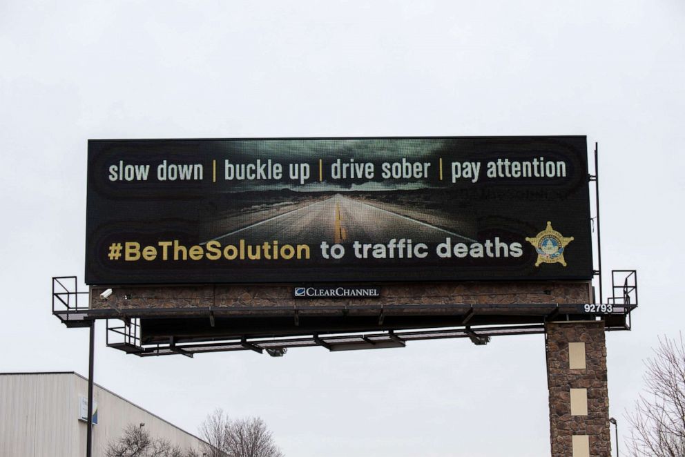 PHOTO: A message on billboard advises drivers to slow down, buckle up, drive sober and pay attention, as a solution to traffic deaths in Fridley, Minn., Mrach 29, 2017.
