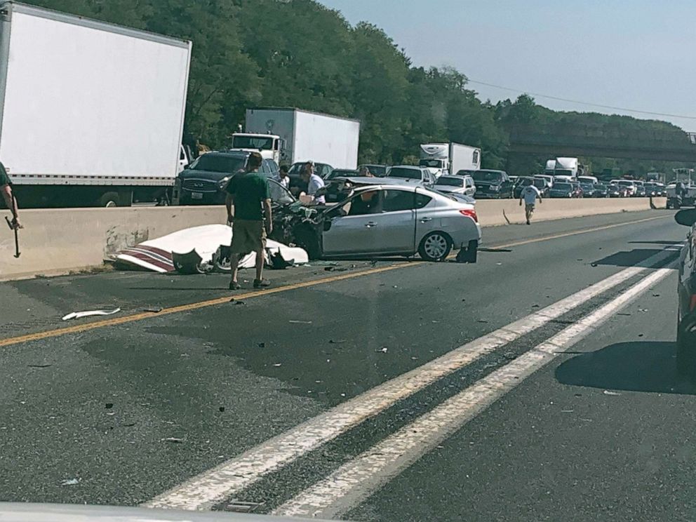 PHOTO: A small plane made an emergency landing on a highway in Bowie, Md., Sept. 12, 2019, crashing into a car and injuring four people.