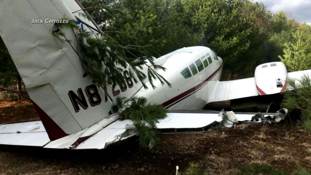 PHOTO: A small Cessna C402 aircraft veered off of the runway, crashed into trees and burst into flames as it was landing at Tanner-Hiller Airport in Barre Plains, Mass. on April 26, 2018. 