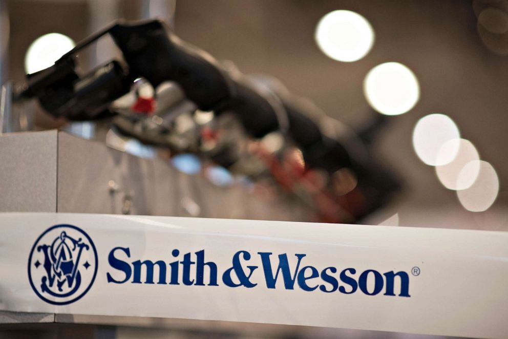PHOTO: In this April 9. 2015, file photo, a Smith & Wesson Holding Corp. logo appears on tape surrounding the company's booth on the exhibition floor ahead of the 144th National Rifle Association (NRA) Annual Meetings and Exhibits in Nashville, Tenn.