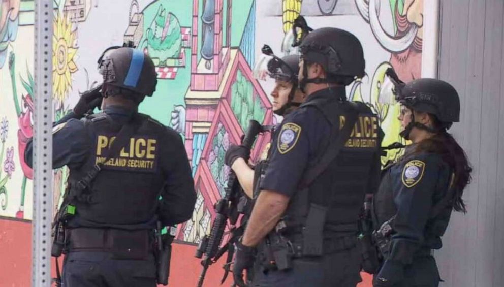 PHOTO: Police from the Department of Homeland Security patrol outside an apartment building in downtown Vancouver, Wash., where at least three people were shot on Thursday, Oct. 3, 2019.