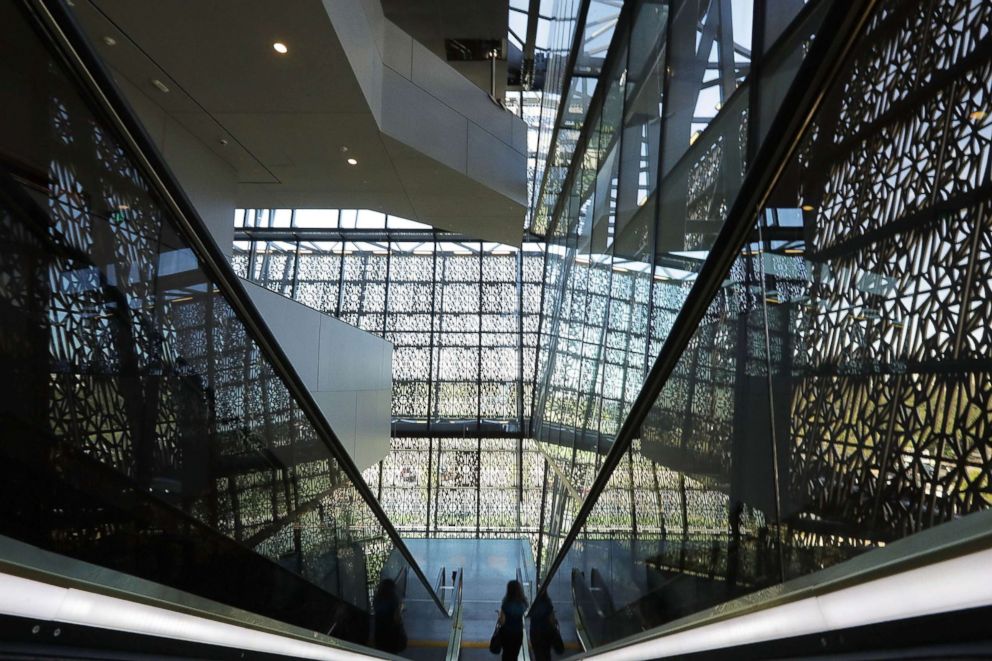 PHOTO: Steel and glass create patterns and reflections inside the Smithsonian's National Museum of African American History and Culture on the National, Mall Sept. 14, 2016 in Washington, D.C.