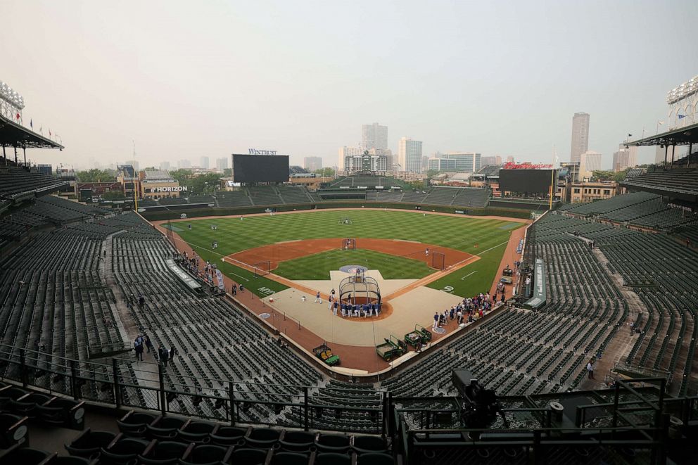 PHOTO: A general view prior to the game between the Chicago Cubs and the Philadelphia Phillies at Wrigley Field on June 27, 2023 in Chicago. An air quality alert was issued due to smoke from Canadian wildfires.