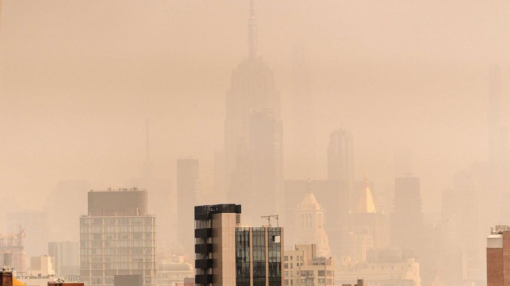 PHOTO: Smoke from wildfires in Canada shrouds the Empire State Building on June 30, 2023 in New York City.