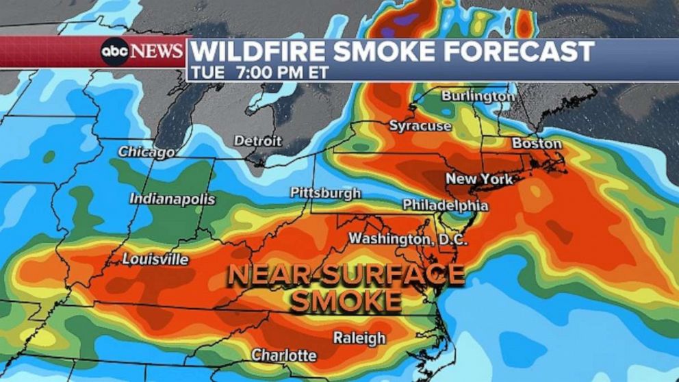 The bulk of the smoke impacting the Northeast today is coming straight down from Quebec. Air Quality Alerts are in effect from Minnesota to Massachusetts this afternoon, extending down to North Carolina as well cities such as New York City.