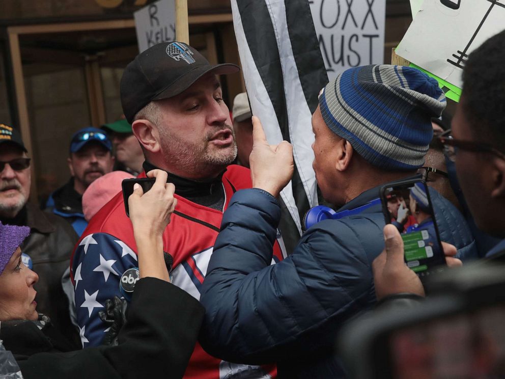 PHOTO: Opposing sides argue during a demonstration organized by the Fraternal Order of Police to call for Foxxs removal, April 01, 2019, in Chicago.