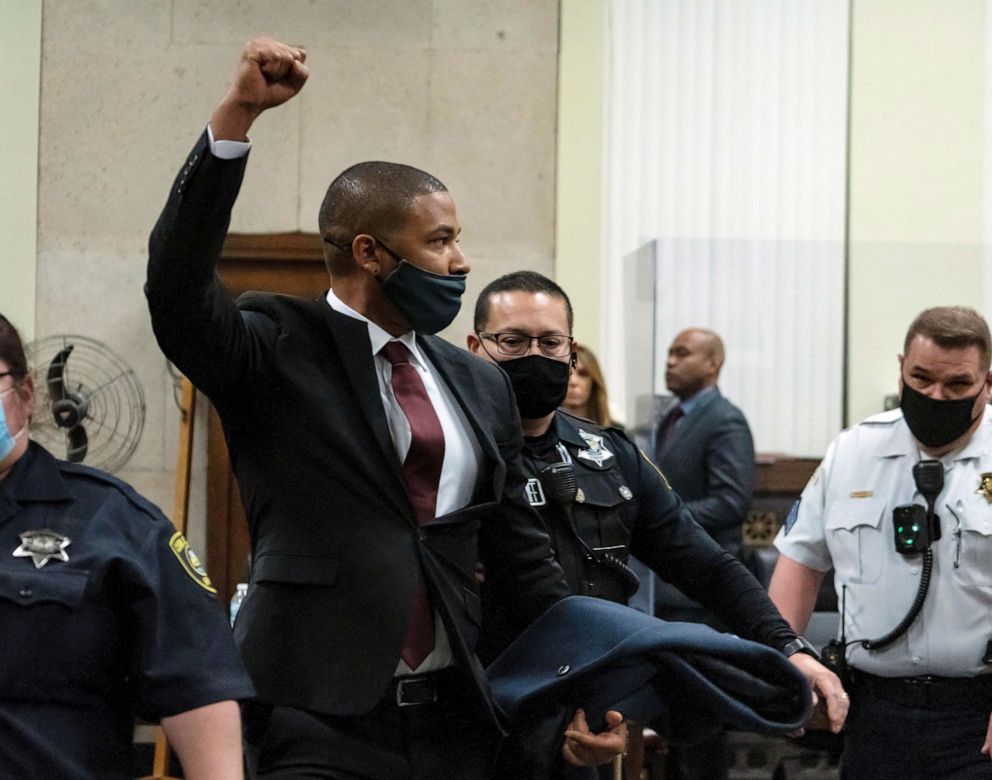 PHOTO: Actor Jussie Smollett is led out of the courtroom after being sentenced at the Leighton Criminal Court Building, Thursday, March 10, 2022, in Chicago.