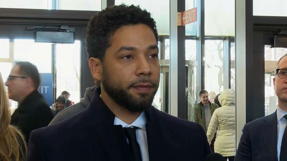 PHOTO: Actor Jussie Smollett speaks to the press after all charges were dropped against him in Chicago, March 26, 2019.