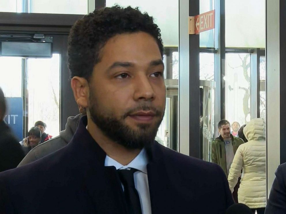 PHOTO: Actor Jussie Smollett speaks to the press after all charges were dropped against him in Chicago, March 26, 2019.