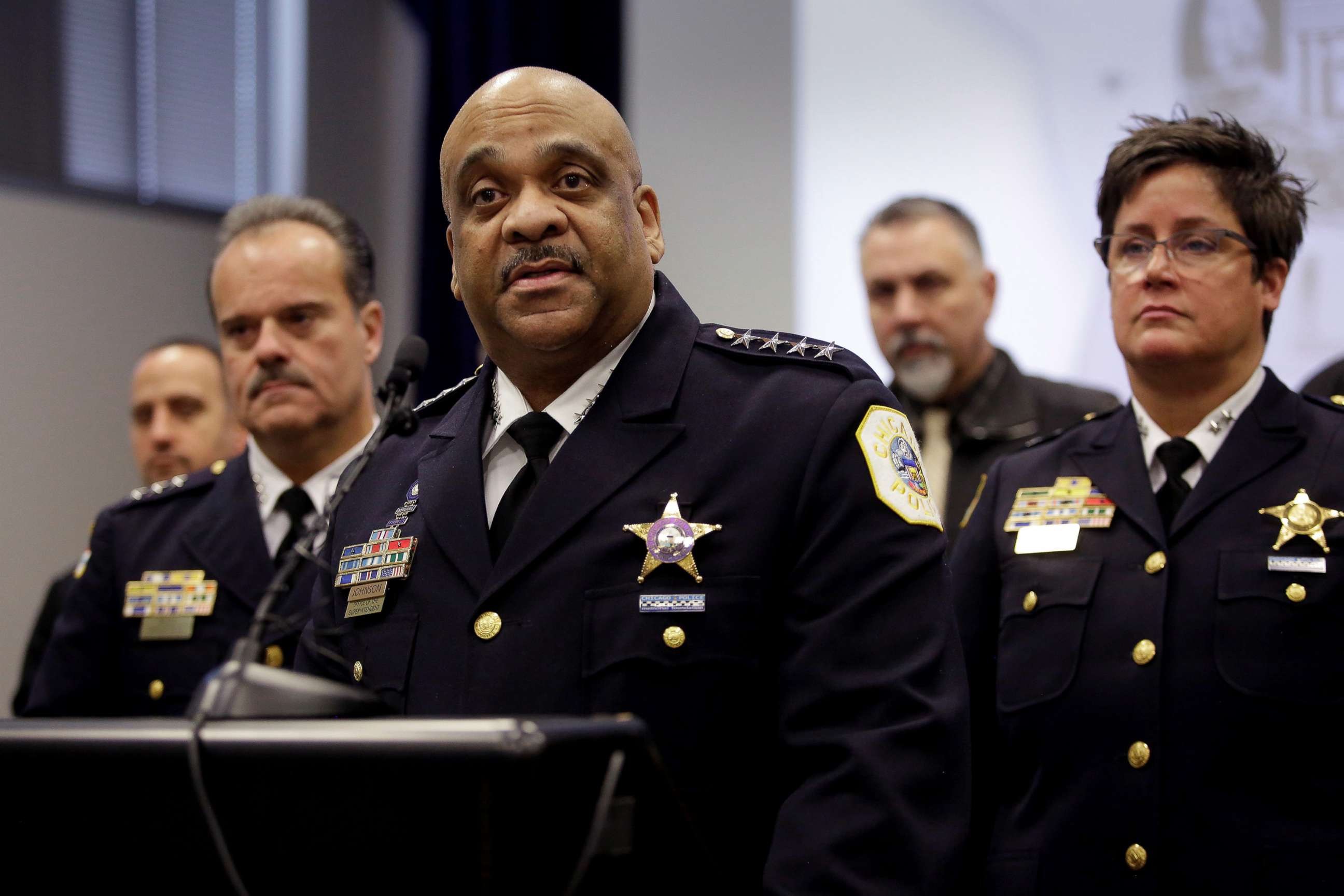 PHOTO: Chicago Police Superintendent Eddie Johnson speaks about the Jussie Smollett case at a news conference at Chicago Police headquarters in Chicago, Illinois, Feb. 21, 2019.
