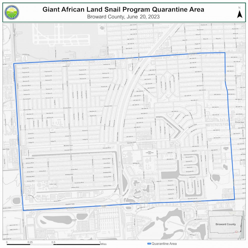 PHOTO: The Florida Department of Agriculture and Consumer Services (FDACS) shared a map indicating the Giant African Land Snail Program Quarantine Area.