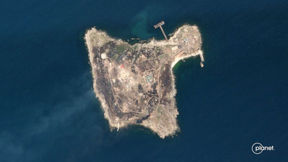 PHOTO: This handout satellite photo taken and released by Planet Labs PBC on June 30, 2022, shows Snake Island in the Black Sea.