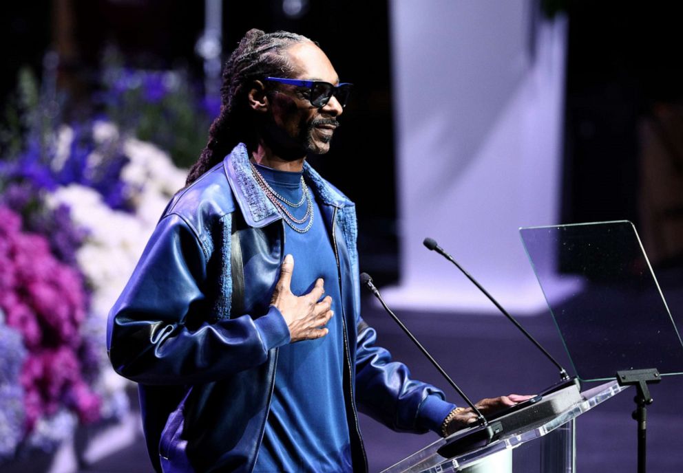 PHOTO: In this April, 11, 2019, file photo, Snoop Dogg speaks onstage during Nipsey Hussle's Celebration of Life at the Staples Center in Los Angeles.