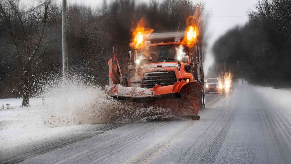 PHOTO: A snowplow clears the streets in Goldsboro, Md., Feb. 18, 2021.