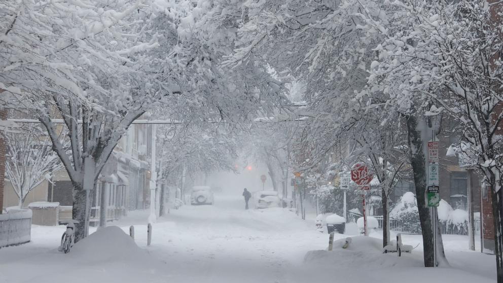 PHOTO: A person walks through the snow in Hoboken, NJ, Feb. 23, 2026.