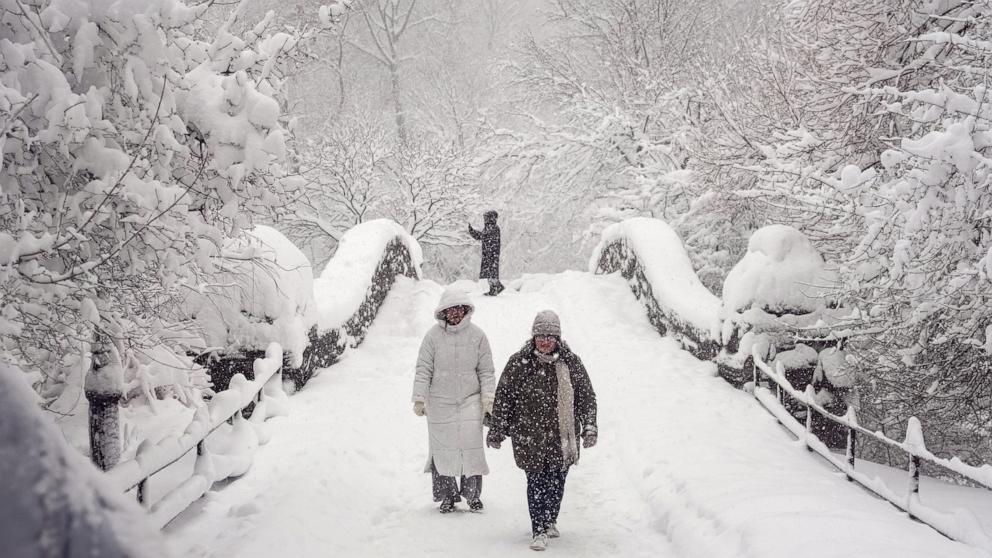 PHOTO: People walk through the snow in Central Park, February 23, 2026 in New York City. 