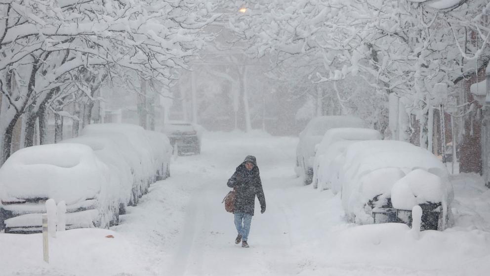 PHOTO: A person walks through the snow in Hoboken, NJ, Feb. 23, 2026.