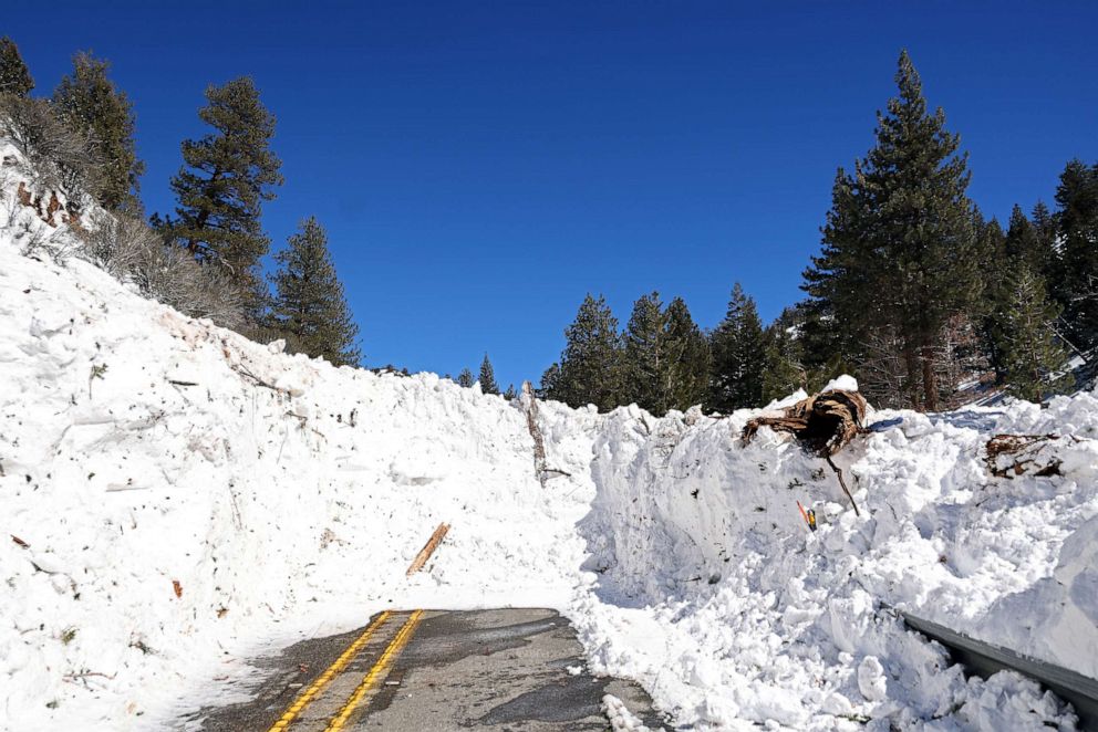 PHOTO: Debris from an avalanche blocks California State Route 38 after a series of snow storms on March 2, 2023 near Big Bear, Calif.