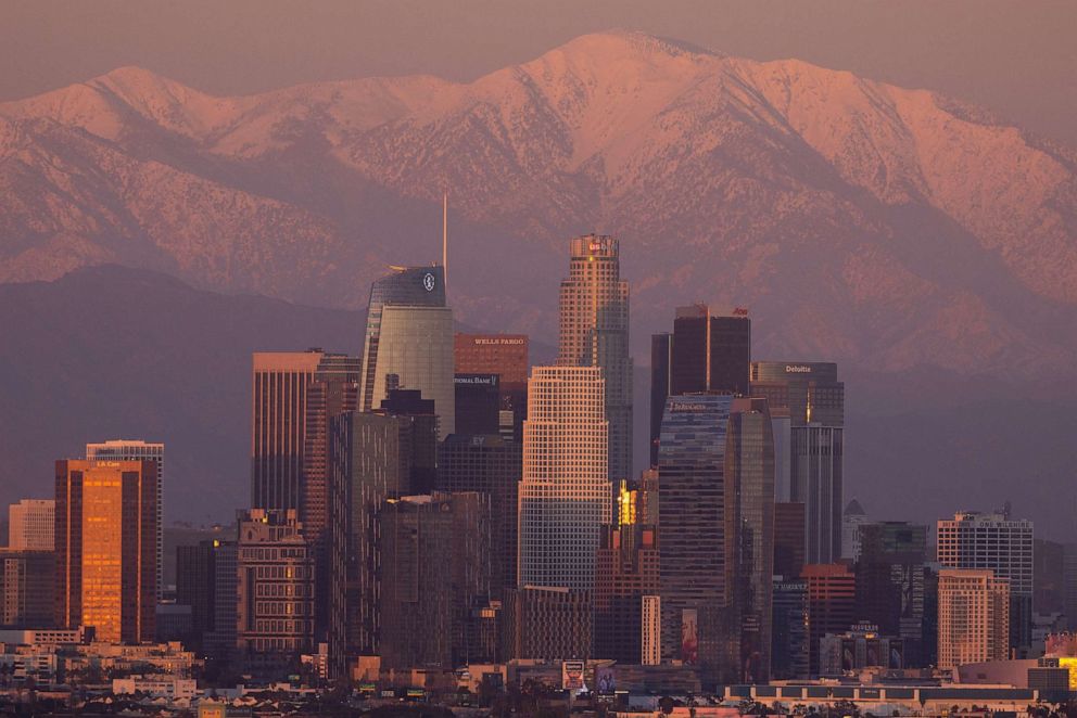 PHOTO: Snow-covered mountains surround the city of Los Angeles following a series of winter storms in Los Angeles, March 2, 2023.