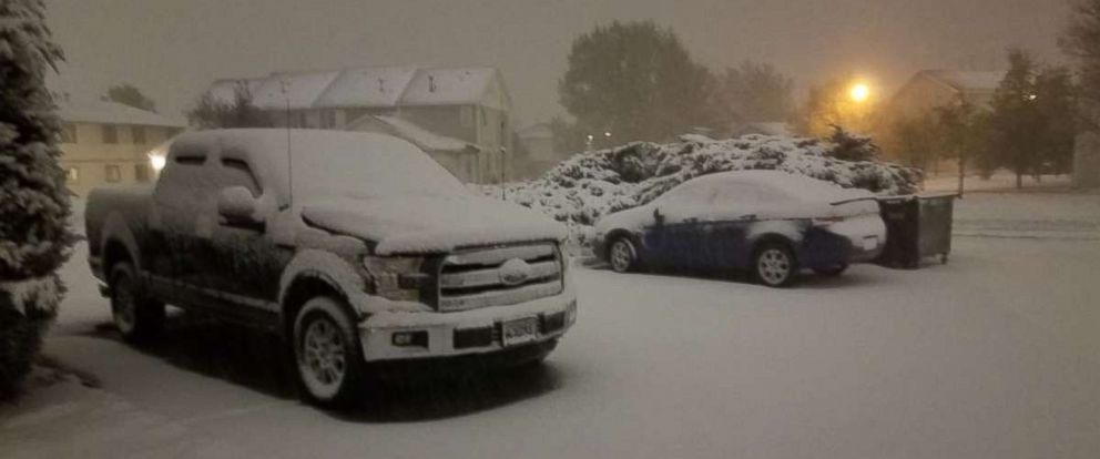 PHOTO: About 3 inches of snow had fallen in Cheyenne, Wyo., through Saturday night, Oct. 13, 2018.