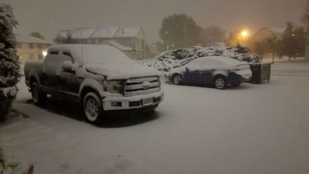 About 3 inches of snow had fallen in Cheyenne, Wyo., through Saturday night, Oct. 13, 2018.