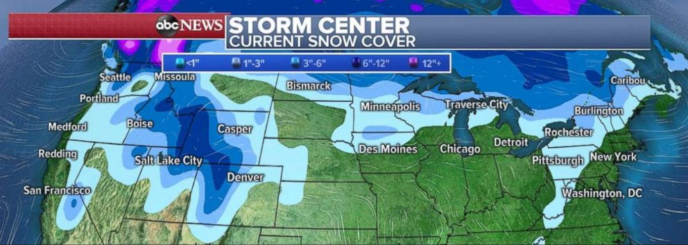 PHOTO: Snow cover stretches across the northern part of the country from coast to coast on Sunday -- days before Christmas.