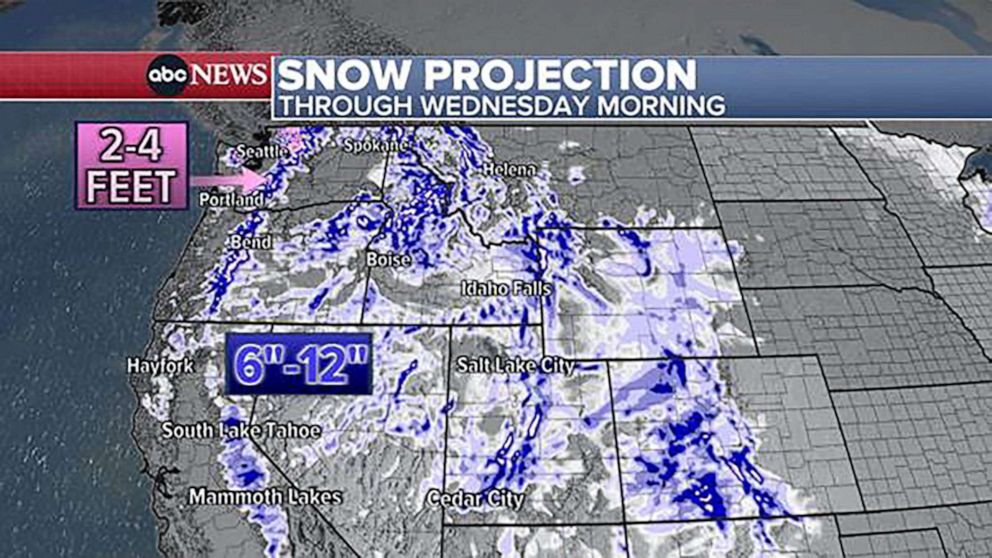PHOTO: Heavy rain and snow has been falling along the West Coast this weekend. A foot of snow has fallen in the mountains around Lake Tahoe, with 9” reported further south at Mammoth Mountain, with snow still falling this afternoon.