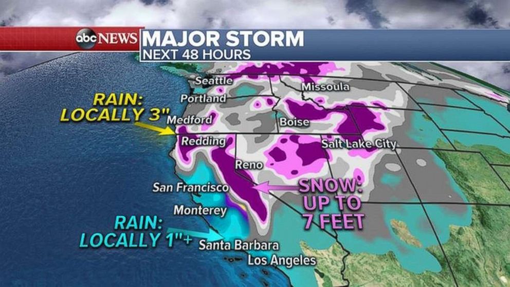 The Sierra Nevada Mountains could see up to 7 feet of snow the next two days.