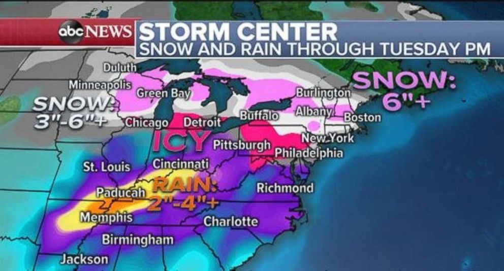 PHOTO: Snow will fall in northern New York and New England, while parts of Arkansas, Tennessee and Kentucky could see 2 to 4 inches of rain.