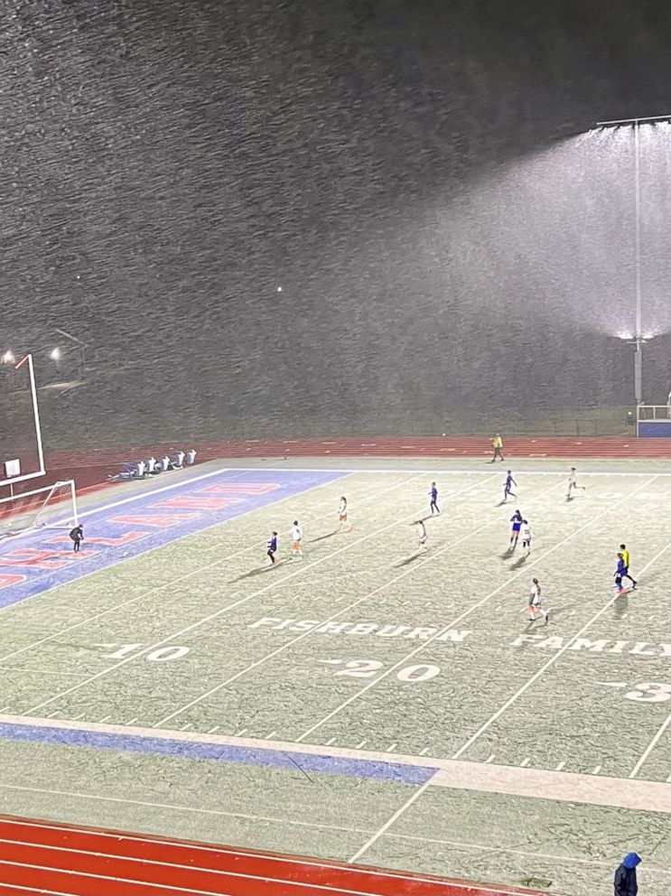 PHOTO: River Valley beat Highland 4-2 in a Division II girls soccer sectional opener in the snow in Sparta, Ill., on Oct. 17, 2022.
