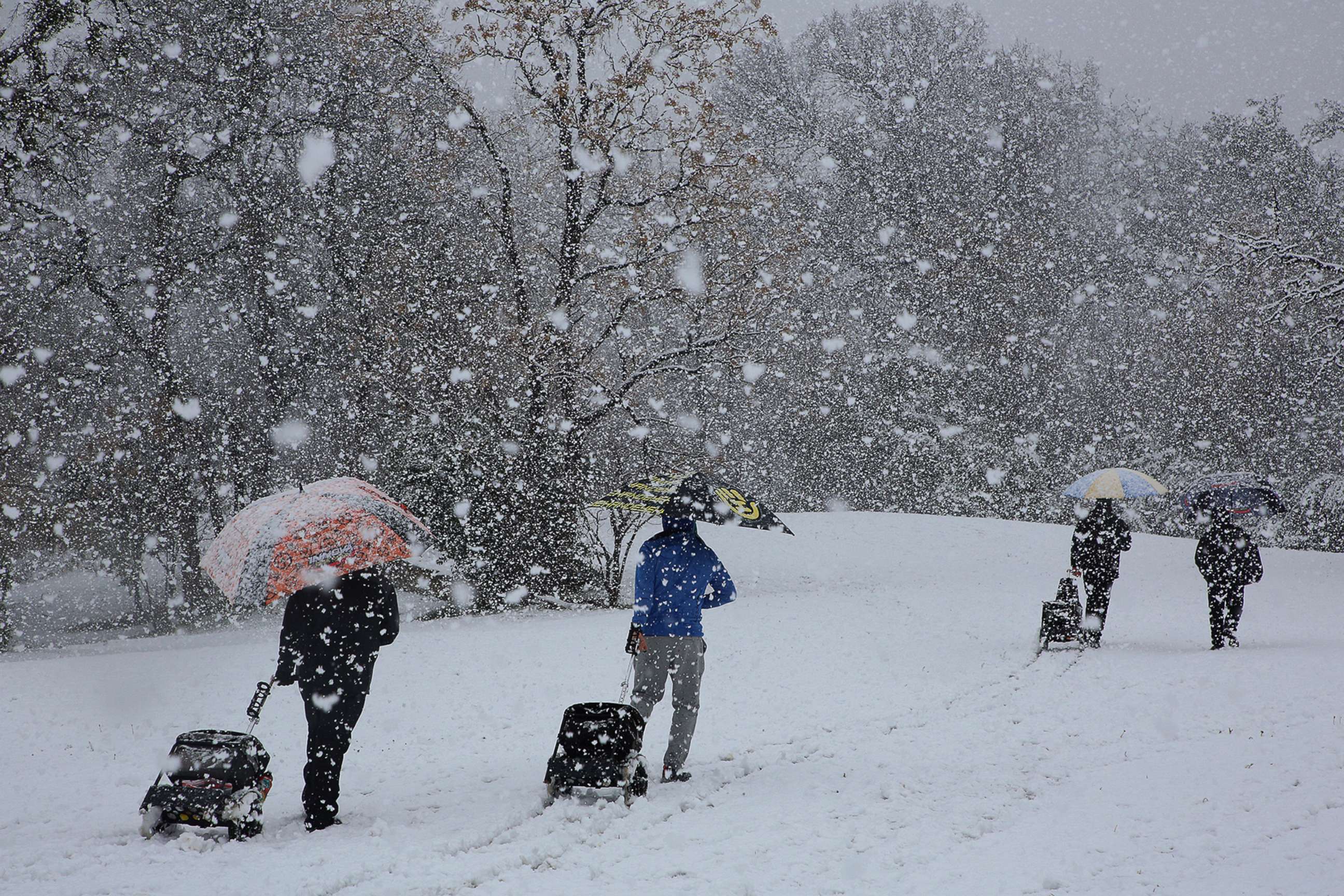 PHOTO: Disc golfers make their way through the snow that dropped at least five inches of snow at their tournament in Cameron Park on Jan. 10, 2021, in Waco, Texas.