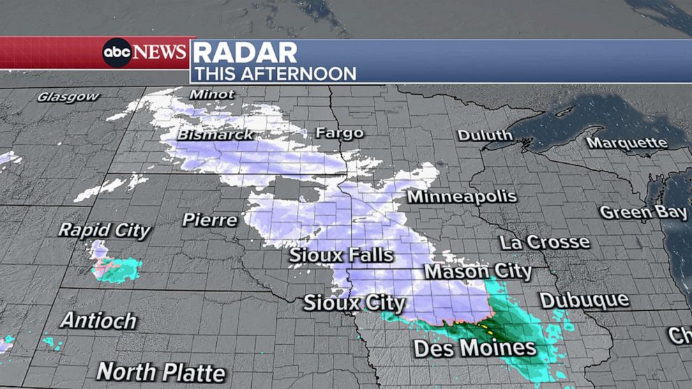 PHOTO: A low pressure system broke off from the action out west and has moved into the Northern Plains, bringing snow and rain from the Dakotas to the Great Lakes.