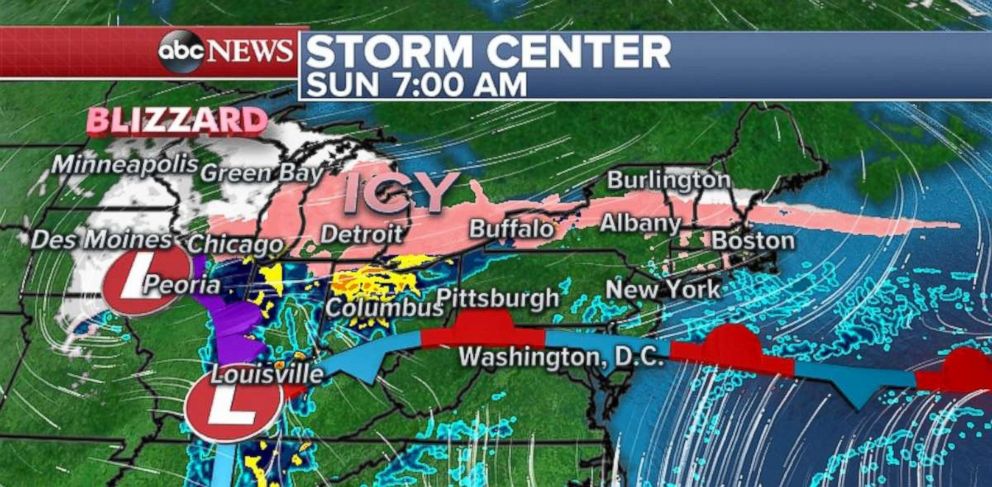 Snow and ice pose a threat to the northern U.S. and Great Lakes on Sunday.
