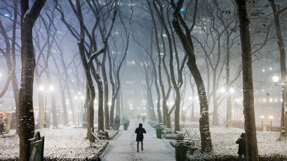 PHOTO: People walk through Manhattan in a snow storm on Dec. 16, 2020 in New York City.