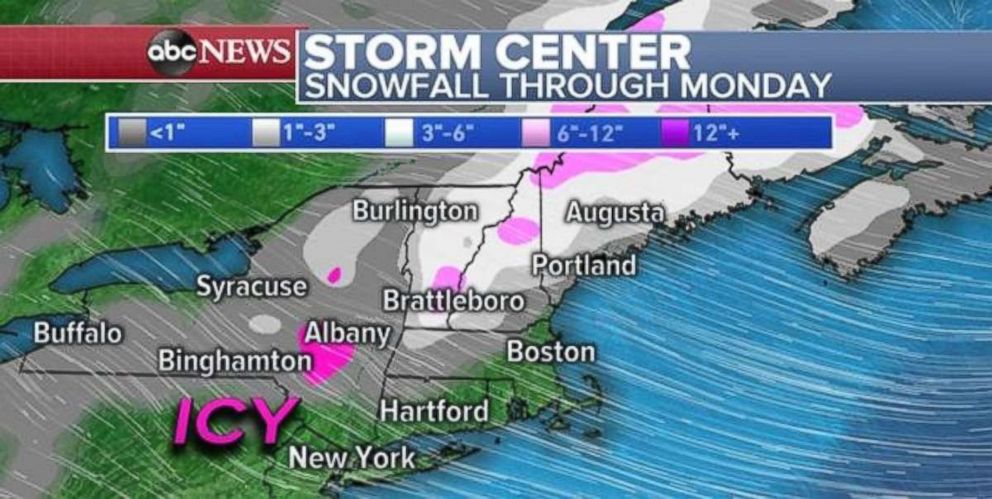 PHOTO: Major cities in the Northeast will see only rain, but inland New York and New England could see some snow through Monday.