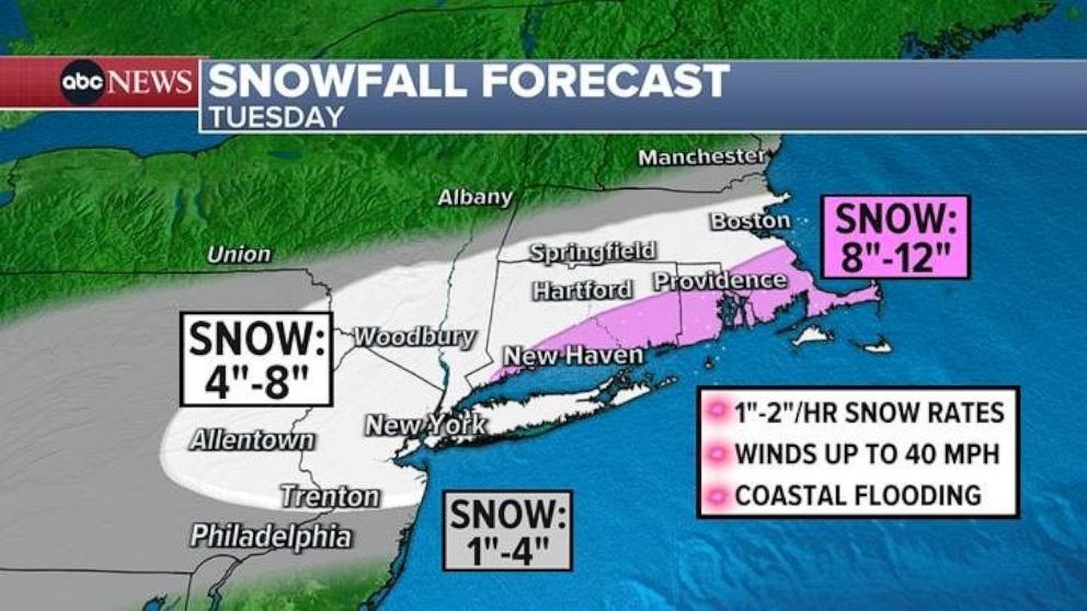 PHOTO: Snowfall forecast for Tuesday for the North East.