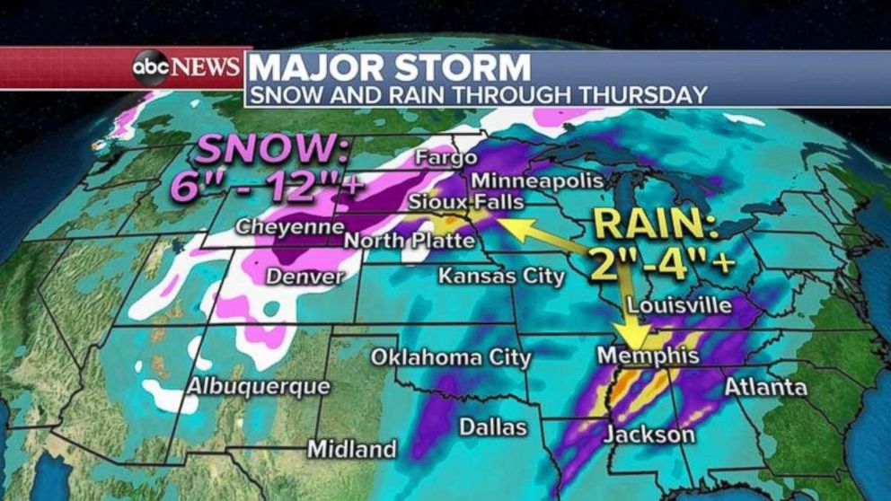 PHOTO: Rain of 2 to 4 inches is possible in the Plains and Tennessee River Valley, while northern Colorado could see 6 to 12 inches of snow.