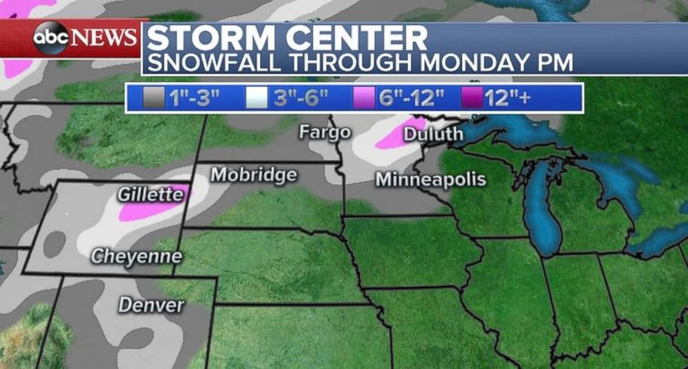 Snow is possible in the Twin Cities and Wyoming on Monday.