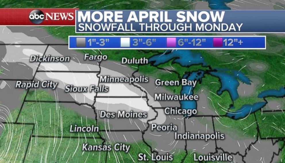 Light snow will fall across the Northern Plains and Midwest through Monday.