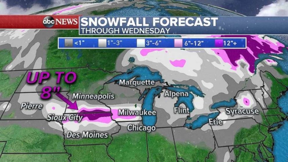 Snowfall totals will be heaviest in northern Iowa and southern Minnesota, as well as upstate New York.