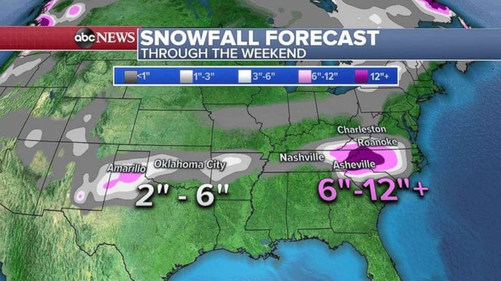 PHOTO: Snowfall totals will be highest in the Carolinas, especially in the Appalachian Mountains.