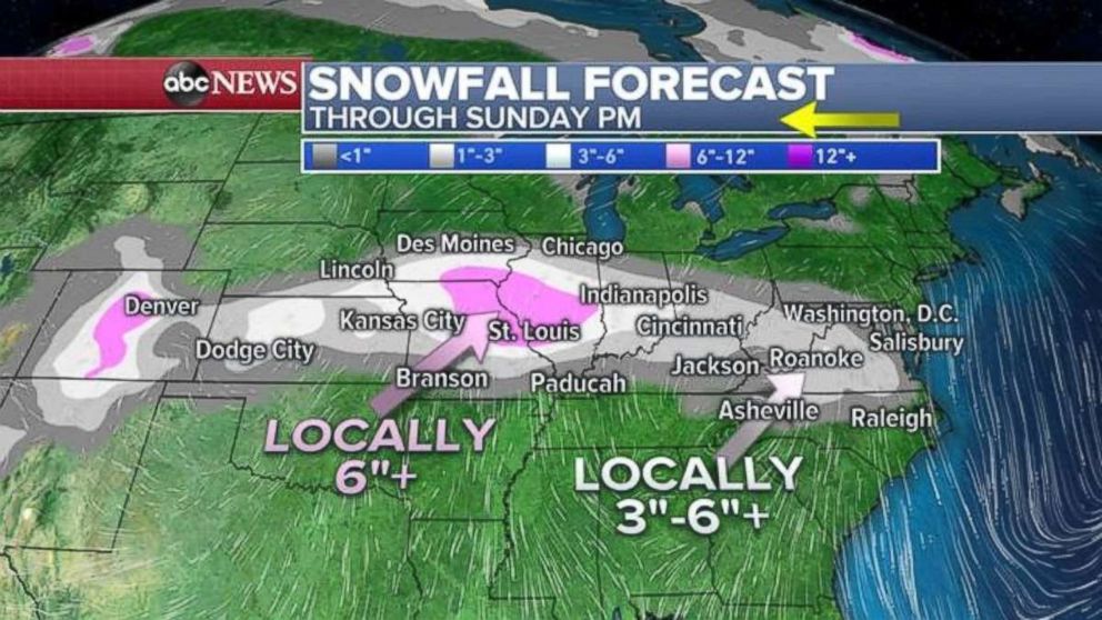 PHOTO: The mid-Atlantic could see 3 to 6 inches locally through Sunday.