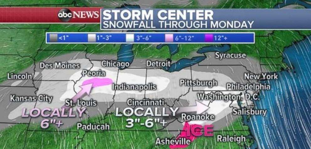 PHOTO: Snowfall totals will be heaviest in central Illinois and parts of northern Virginia and Maryland.