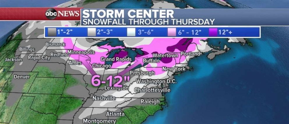 PHOTO: Snowfall totals will be 6 to 12 inches in northern Michigan, northern New York and northern New England, with lesser totals farther south and closer to the coast.