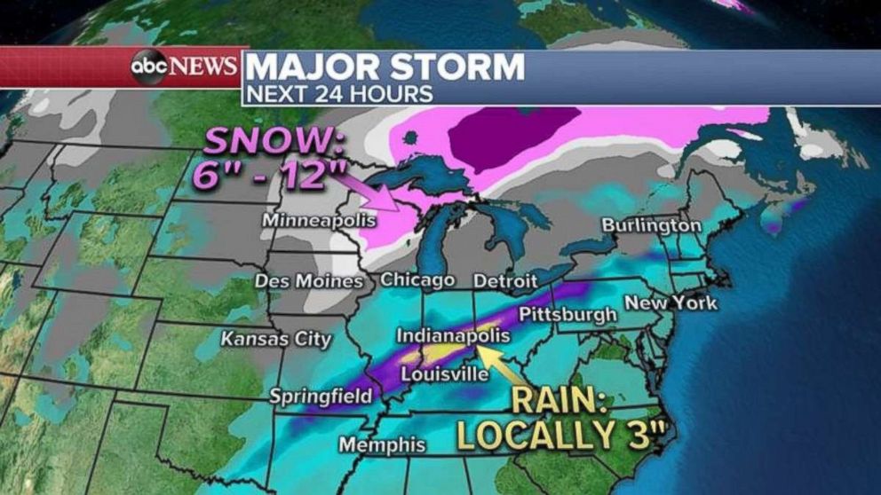 PHOTO: Rainfall totals will be highest in the Midwest with some snow in northern Wisconsin.